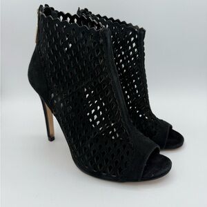 Ivanka Trump Black Suede Cutout Heels Laser-Cut Peep-Toe‎ Booties Summer Fall